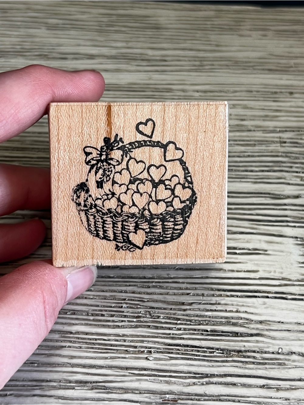 NEW!!! Wooden Heart Basket Rubber Stamp - Black Ink Illustration